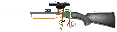 1.  Marble barrel<br />2.  Breech  loading mechanism<br />3.  Copper air tank (1/2&amp;quot; receiver)<br />4.  (1 of 2) 1/2&amp;quot; T-fittings<br />5.  1/2&amp;quot; ball valve<br />6.  1/4&amp;quot; Quick Connect nipple<br />7.  1/4&amp;quot; hose barb adapter<br />8.  1/4&amp;quot; pressure hose<br />9.  modified blowgun<br />10.  Scope<br />11.  Homemade Stock<br />12.  Piston