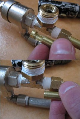 How the T piece looks on the inside, before (top) and after the alternation.<br />Lots of BB's jammed at first.