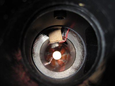 Spark gap in middle of barrel, propane entry fitting visible at the top