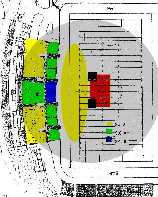 Range of the shirt launcher overlaid on the stadium where it will be used Aug 8th.