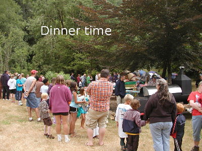 Dinner Line.  BBQ, Potato Salad, Chips, Watermelon, and more.