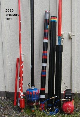 My 3 QDV cannons.  Newest is on the left, oldest is on the right.  One on the right is getting a 30 minute pressure test. <br />The metal 2 inch QDV launcher is shown with 3 ABS barrels, a 2 inch, 3 inch and 4 inch.  ABS makes great barrels. They are lightweight.