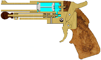 Trigger and hammer shown mid-cycle, not shown are two torsion springs, one to operate the hammer and one to return the trigger to its rest position