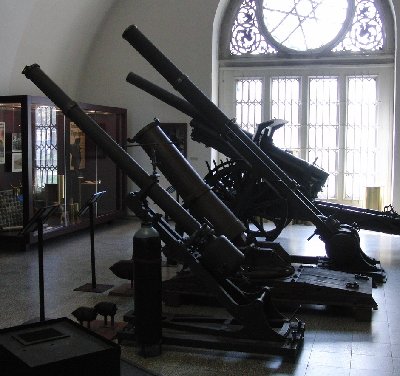 The display including the 12cm mortar in the foreground and 20cm mortar in the background