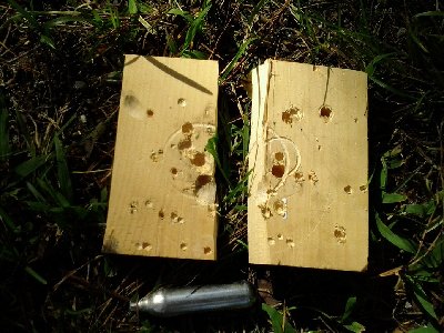 Second shot: a chunk of a pine plank about 3/4 inch thick from the scrap wood bin. You can see the dent left by the cartridge