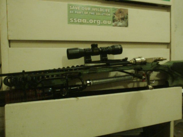 6.03 &amp;quot;madbull&amp;quot; airsoft barrel , 3/8 qev , ninja 3000psi paintball tank , 300psi regulator , barnett 4x32 crossbow scope, (Stock used to be a crossbow)