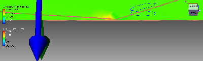 Closeup of the edge of the projectile with a 500 Kh/s flow around 2000 Psi just behind the head enough to ignite a oxy-hydrogen mix