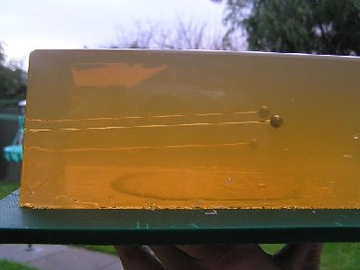 Oh what fun there is to have with ballistics gel.... 9 parts water to 1 part gelatine by WEIGHT! (this was @ 15m, ~18cm penetration)