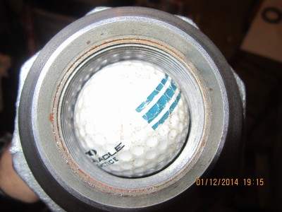 Close up of the breech. Golf balls fit super well; no detent or wadding necessary to keep them from rolling down the barrel.