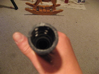 Looking down the outer barrel/muzzle brake stolen from my first pneumatic. notice the 1/2 inch copper barrel inside of it.......