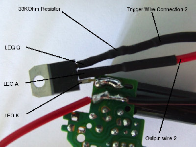 This shows where to solder things to the board.<br />Leg K is soldered to the negative side of the capacitor.<br />Leg A has output wire 2 soldered to it, this wire goes to the negative side of the spark coil. <br /><br />Leg G has the 33kohm resistor soldered to it then trigger wire 2 going to the pushbutton switch. <br />This resistor is very important, it must be this value and must be connected to that leg.